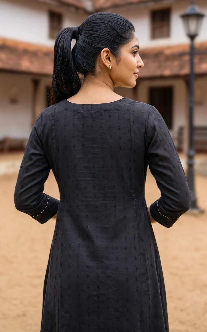 Black Anarkali Kurta with Beige Block-print Dupatta